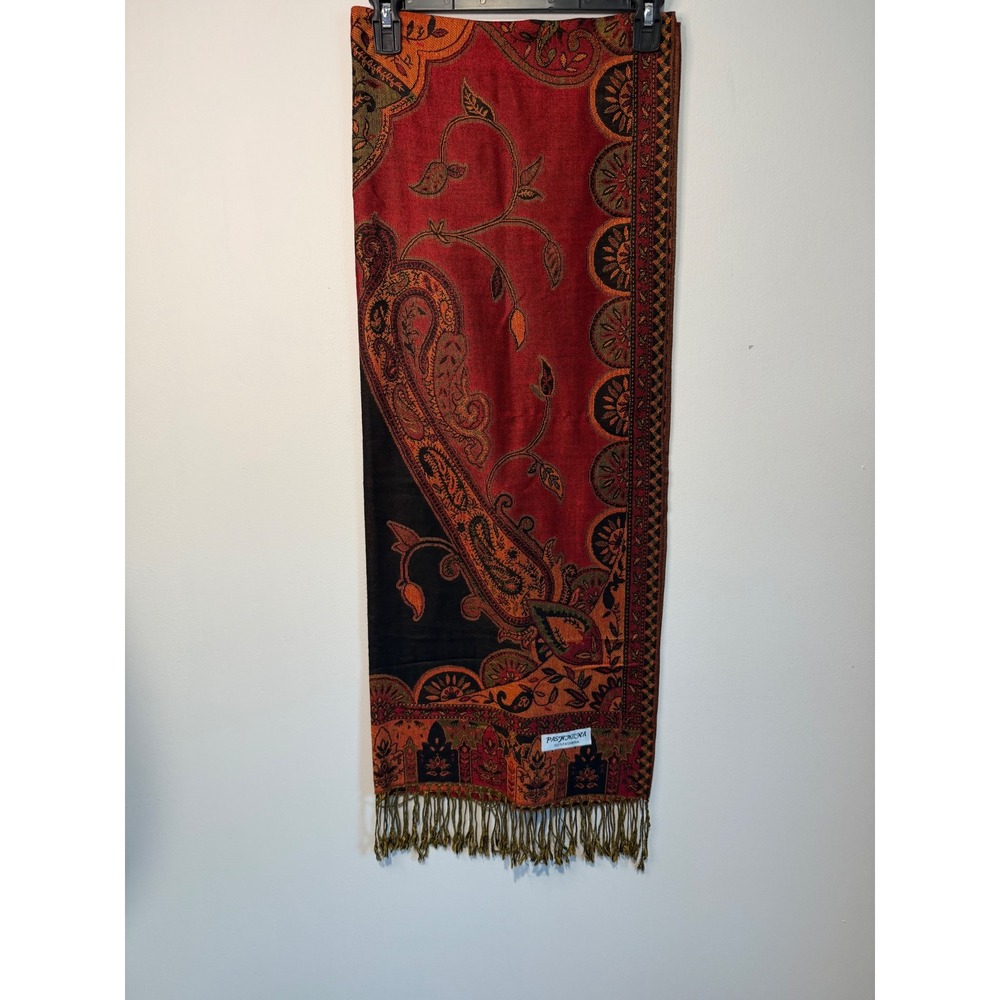 Pashmina Red Black Paisley Floral Woven Fringe Shawl Scarf Wrap OS